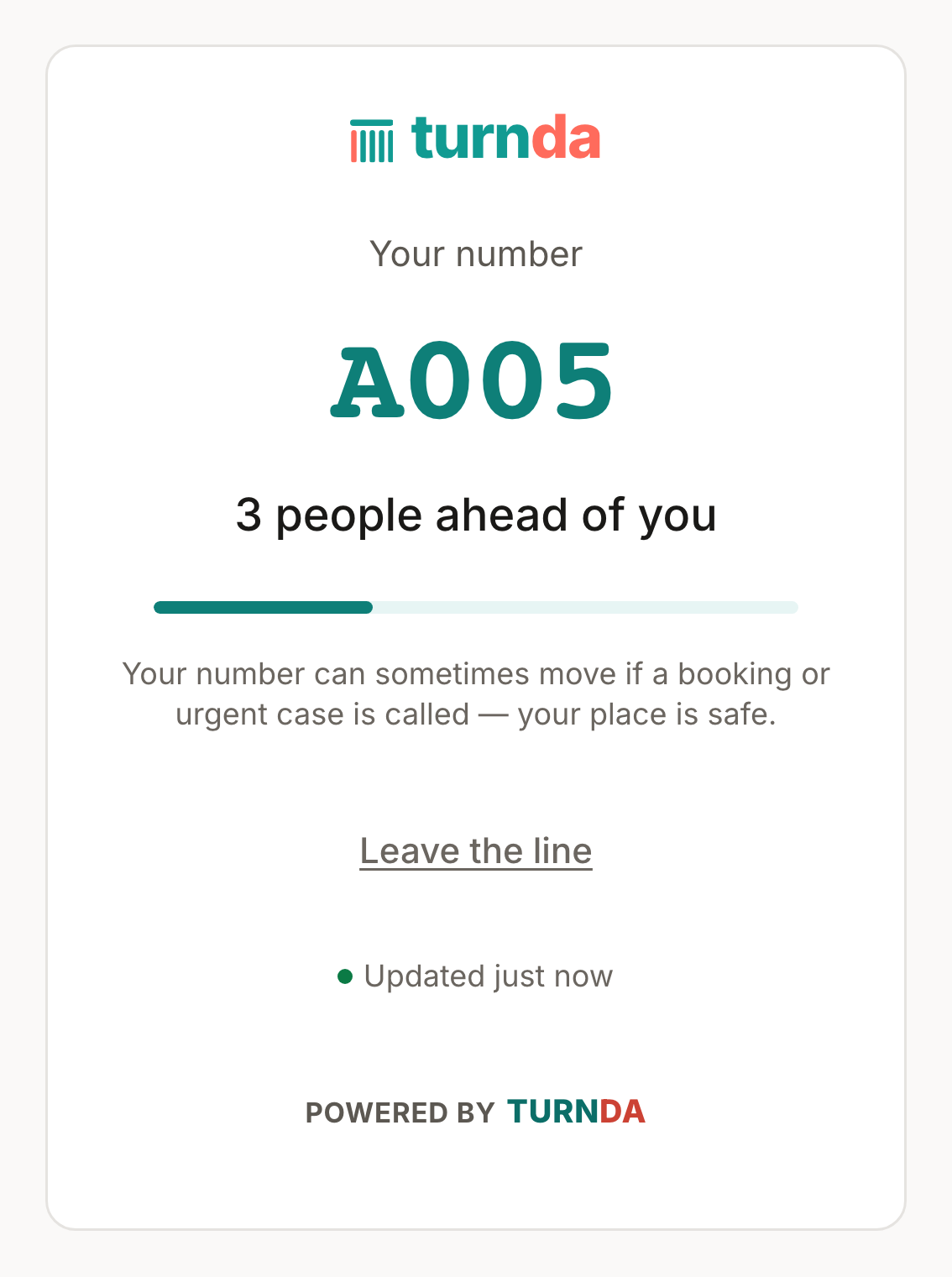 A visitor's live tracking link on their phone, showing the turnda wordmark, “Your number”, the number A005, “3 people ahead of you” and a progress bar.